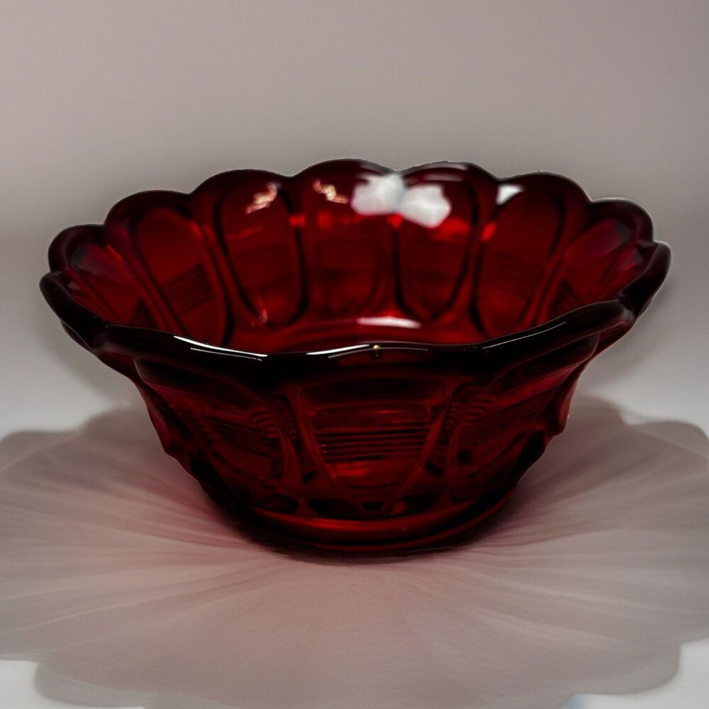 VTG Fenton Ruby Red Christmas Glass Serving Bowl Dish Scalloped Edge Marked 6”
